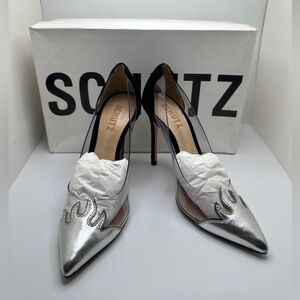 NWT SCHUTZ Den Transparent Silver Flames Pointed Toe Pumps High Heels Sz 5B